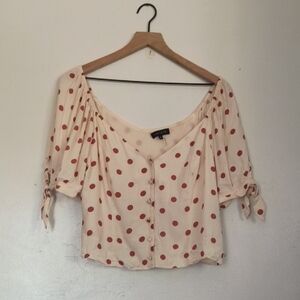 1 State Sweetheart Puff Sleeve Cream Orange Brown Polkadot Button Up Blouse Sz M